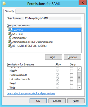 SAML log directory permissions setup
