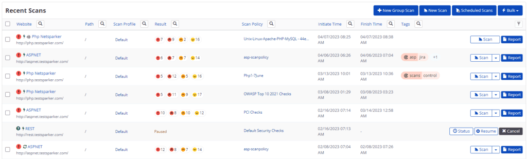 Scan report navigation showing Recent Scans menu and Report button for accessing CI details