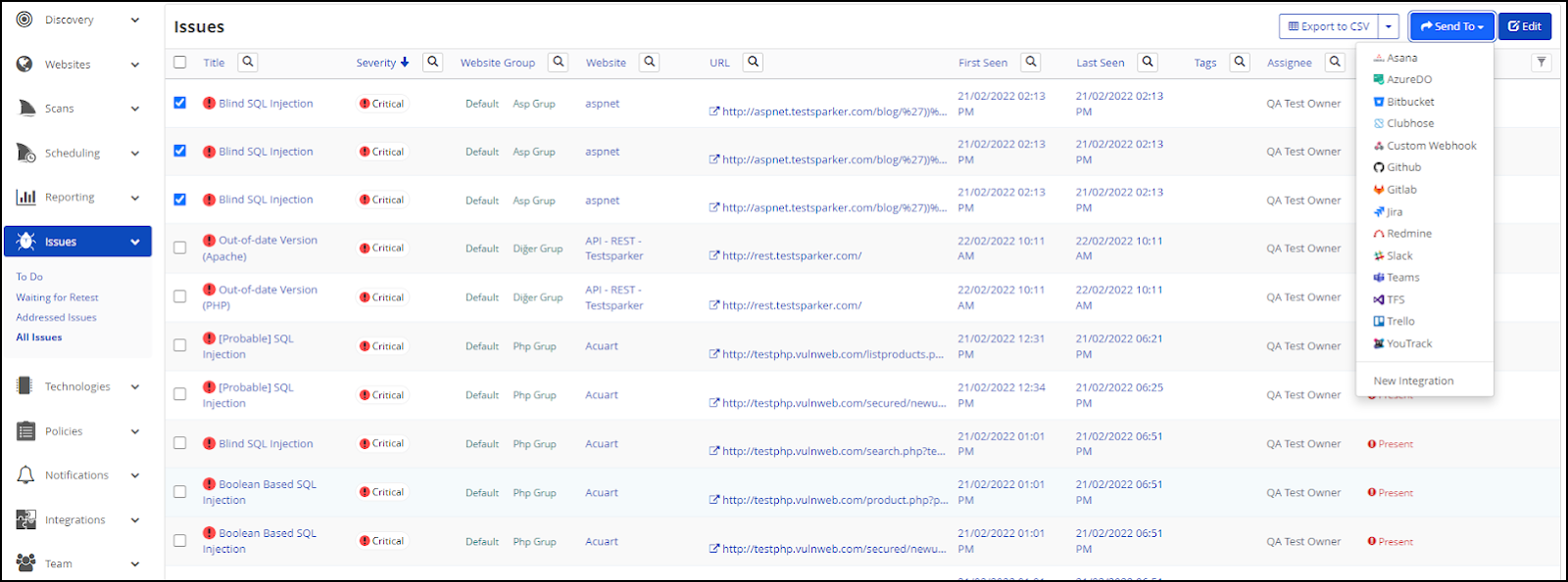 Invicti Enterprise Issues page showing Send To Azure Boards option for selected vulnerabilities