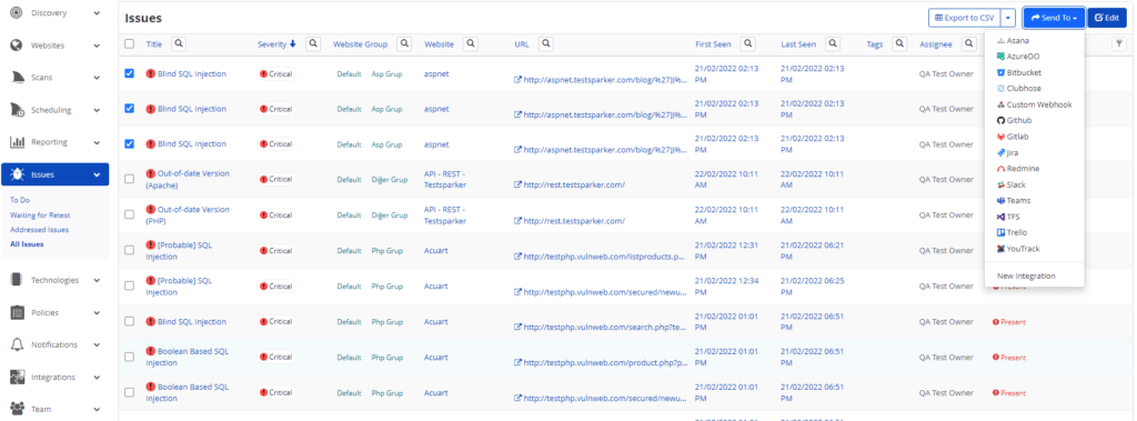 Issues window showing Send To Bugzilla option for selected vulnerabilities