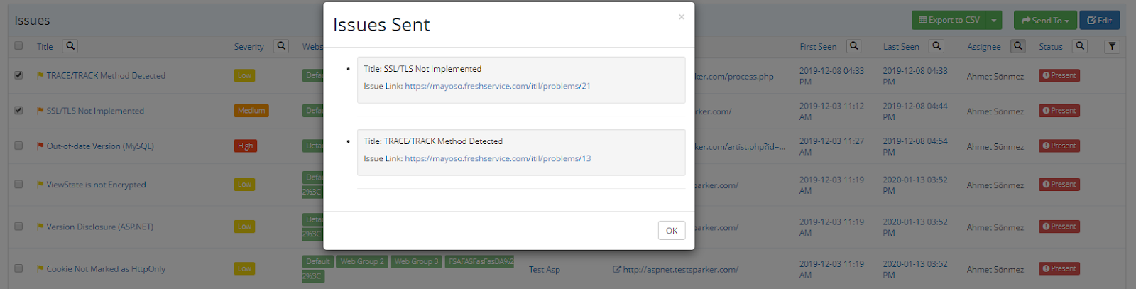 Issues window showing Send To Freshservice option for selected vulnerabilities