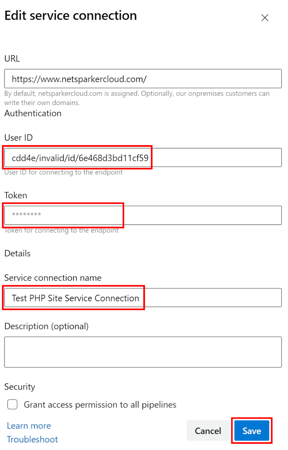 Invicti Enterprise service connection configuration panel with User ID and Token fields