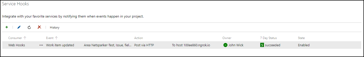 Azure Boards Service hooks list displaying configured webhooks with edit and delete options