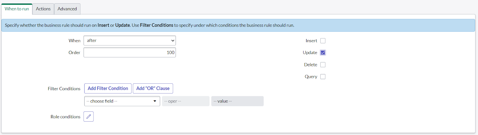 ServiceNow business rule configuration showing when to run and update settings