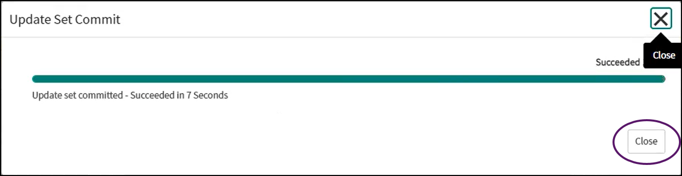 Successful update set commit confirmation dialog