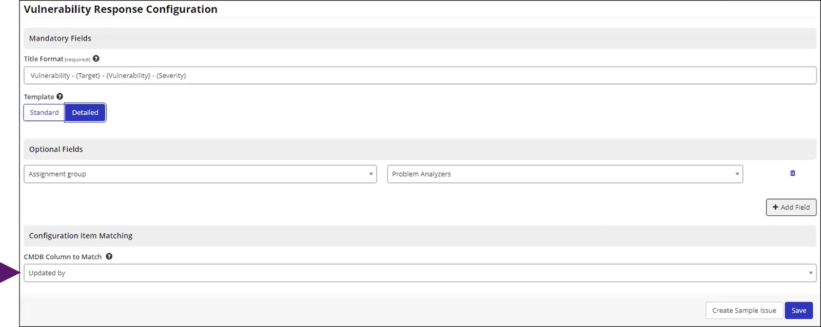 Selecting configuration item for target matching in ServiceNow