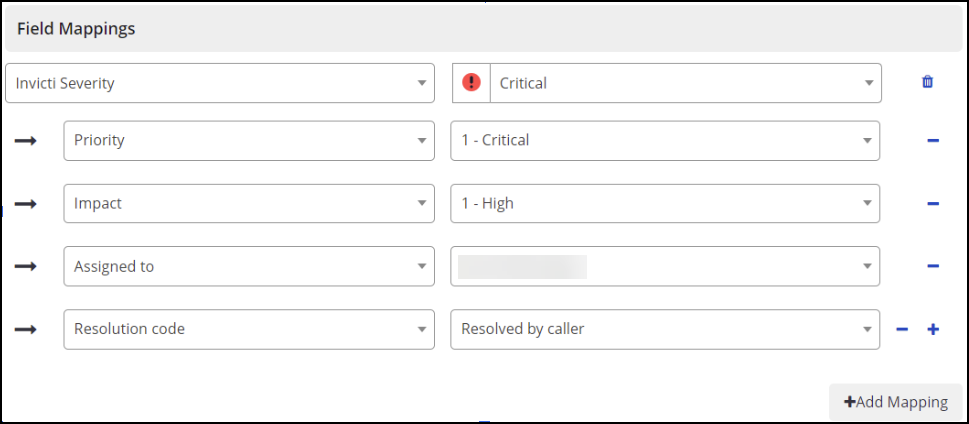 ServiceNow field mappings configuration showing severity and priority mapping options