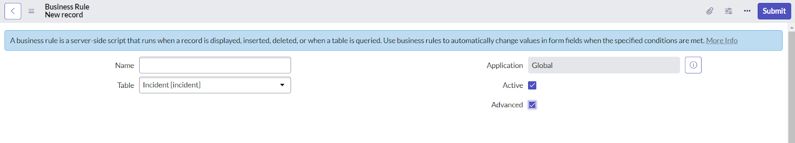 ServiceNow incident table selection for business rule configuration