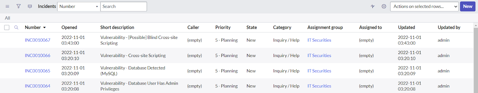 ServiceNow incidents page showing exported vulnerability issues from Invicti Enterprise