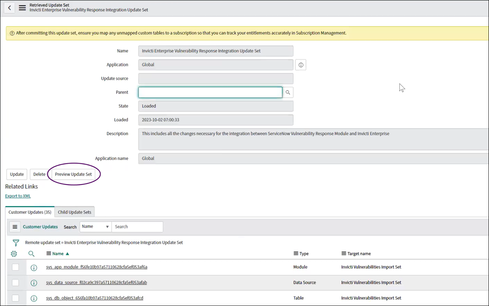 Previewing the update set in ServiceNow before committing