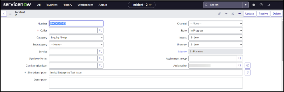 ServiceNow sample issue creation showing successful ticket in Incident Management