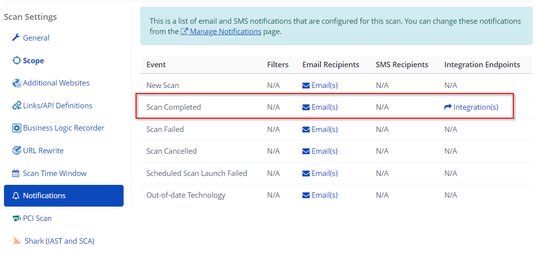 ServiceNow scan notifications configuration showing scan completed event integration
