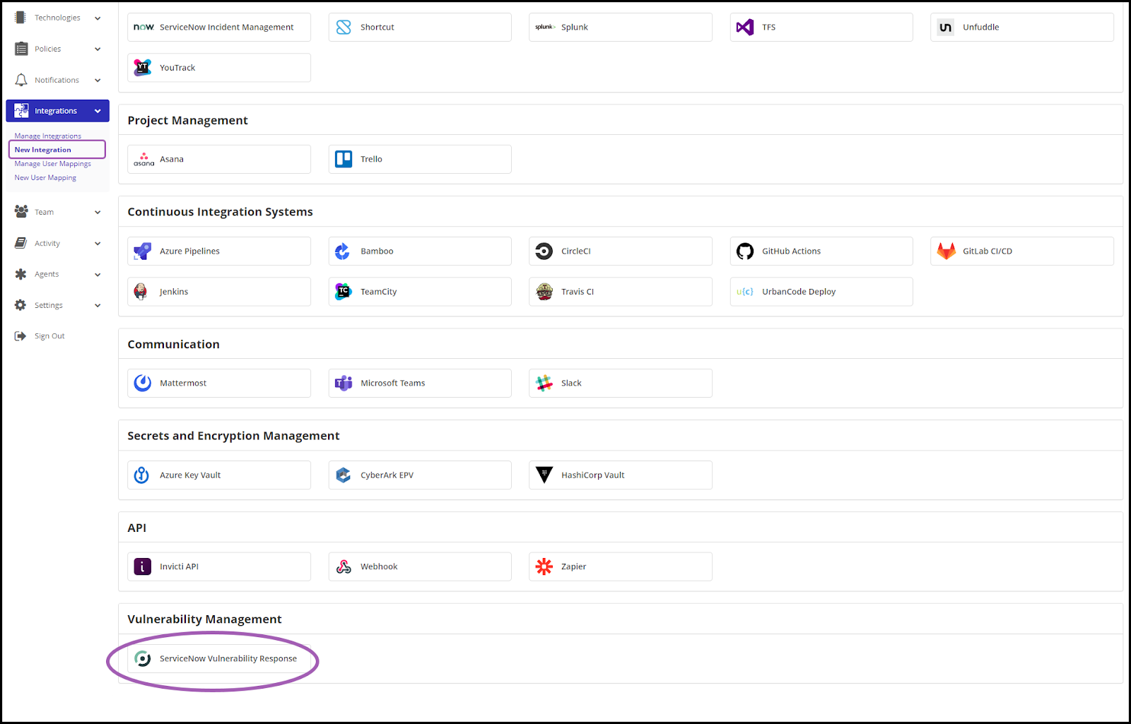 Selecting ServiceNow Vulnerability Response integration in Invicti Enterprise