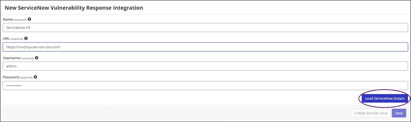 ServiceNow Vulnerability Response configuration section with loaded details