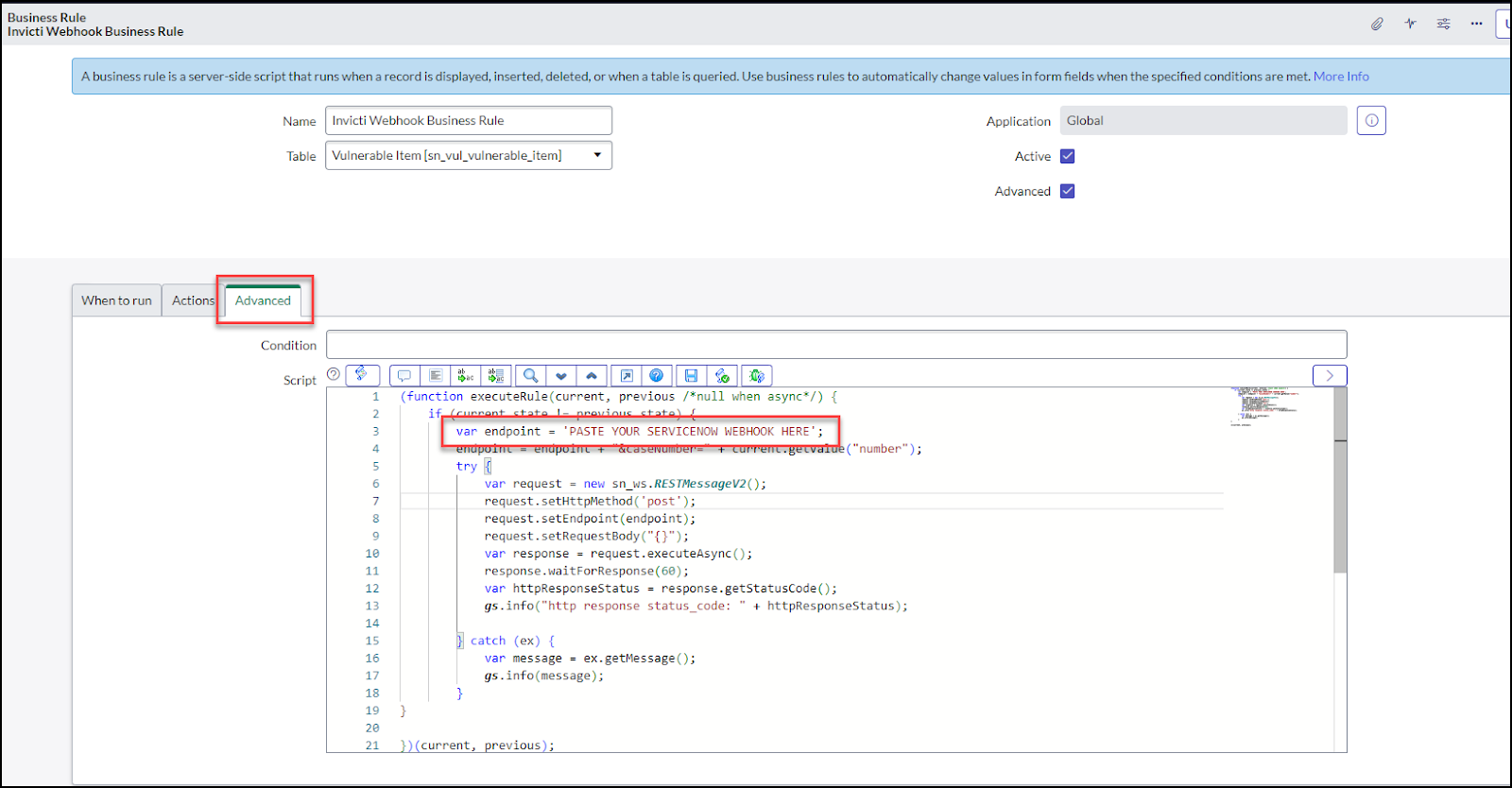 Modifying the Invicti webhook business rule script with endpoint URL