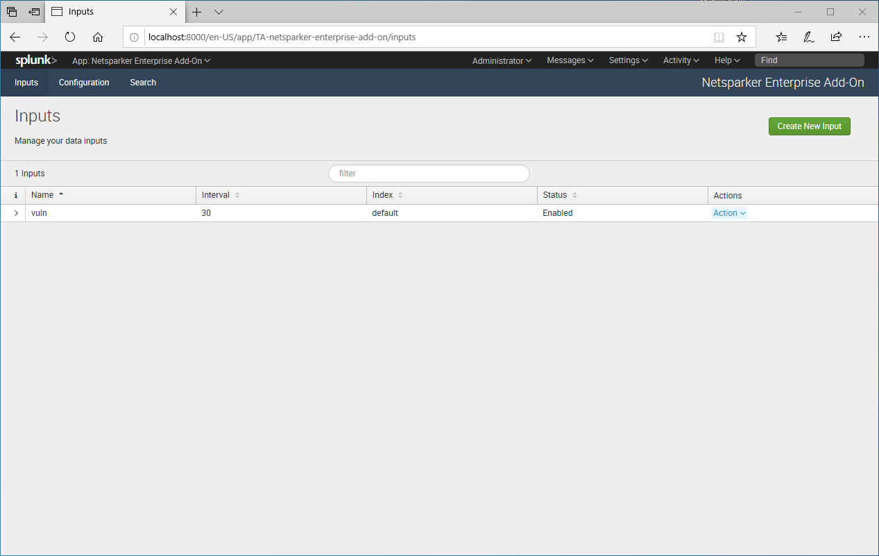 Splunk add-on configuration interface showing Base URL, User ID, and Token fields for API authentication