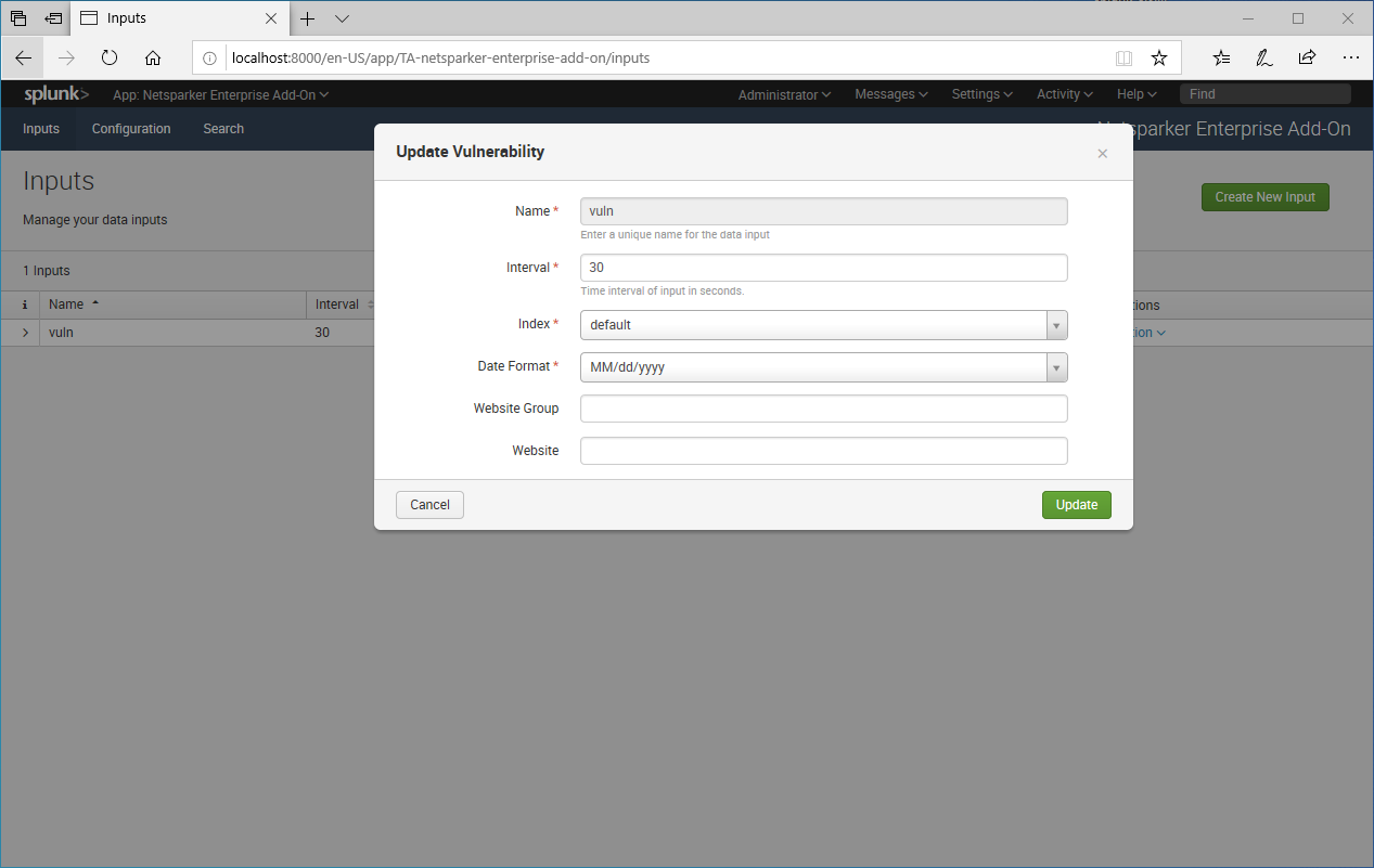 Splunk add-on configuration interface showing Base URL, User ID, and Token fields for API authentication