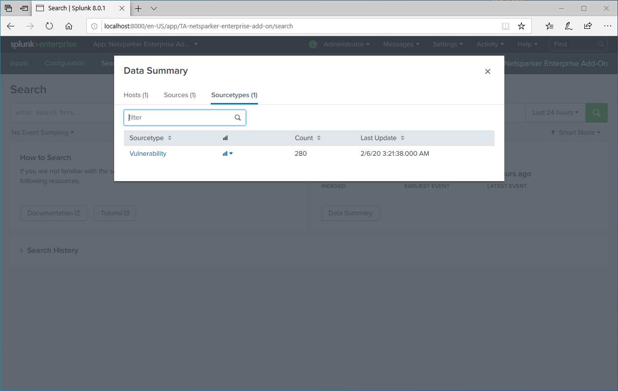 Splunk search interface showing imported vulnerability data from Invicti Enterprise API with filtering options