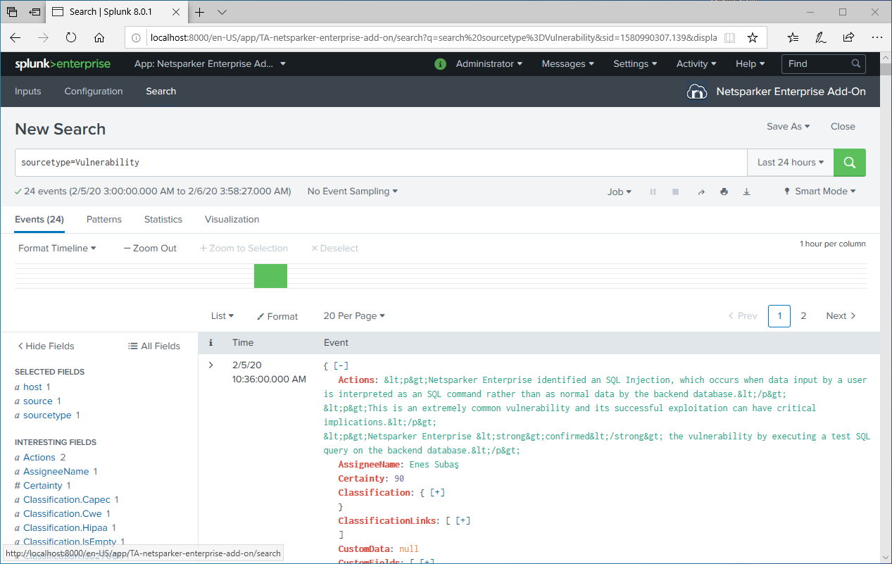 Splunk search interface showing imported vulnerability data from Invicti Enterprise API with filtering options