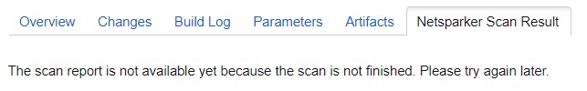 TeamCity application interface showing Build Log, Changes, and Netsparker Scan Result tabs
