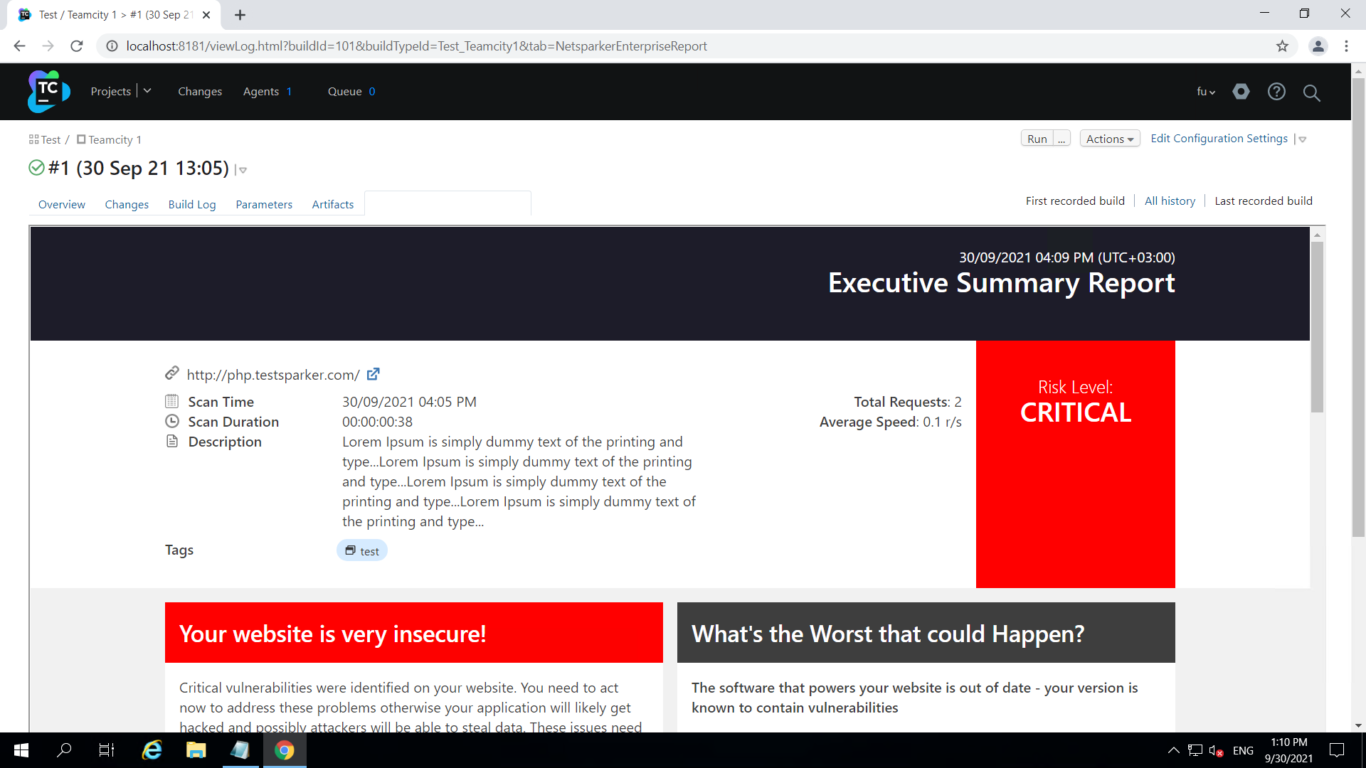 Invicti scan results displayed in TeamCity