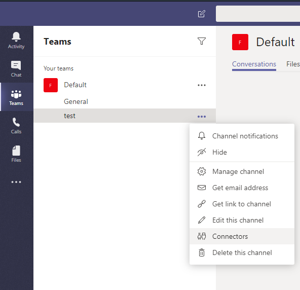 Microsoft Teams team context menu showing Connectors option for webhook configuration