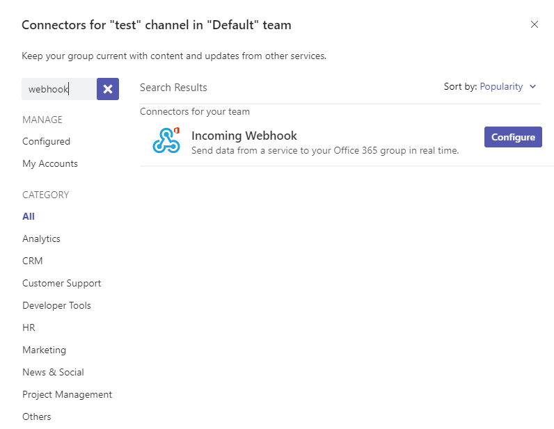 Microsoft Teams Connectors page showing Incoming Webhook connector with Configure button