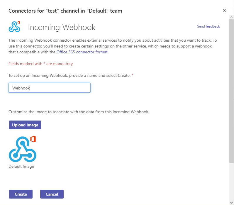 Microsoft Teams Connectors page showing Incoming Webhook connector with Configure button