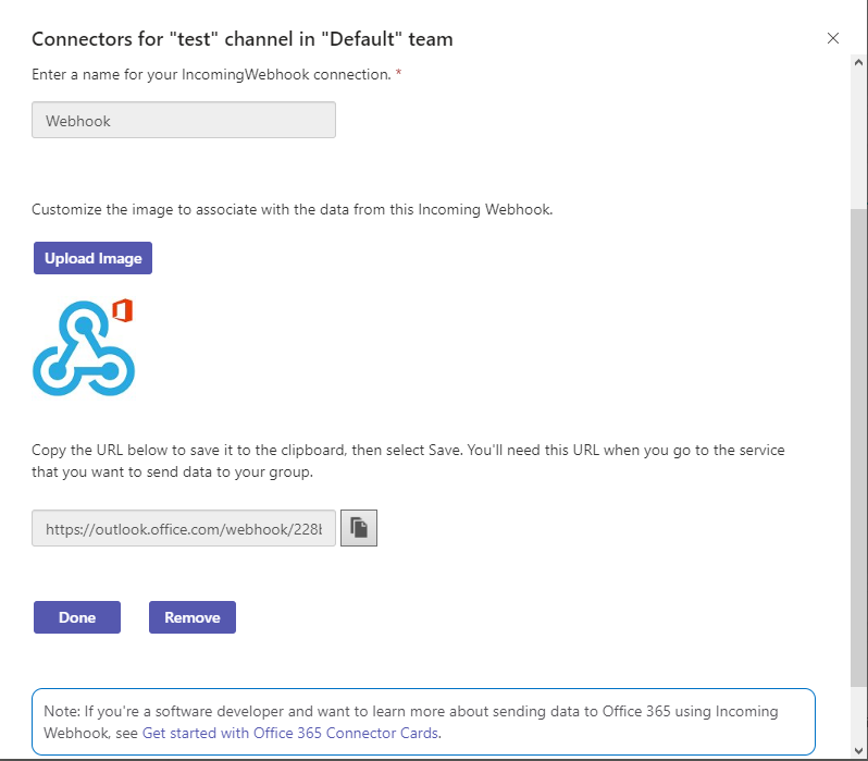 Microsoft Teams Connectors page showing Incoming Webhook connector with Configure button