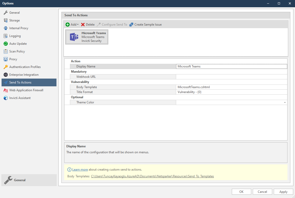 Microsoft Teams integration configuration form showing mandatory and optional fields
