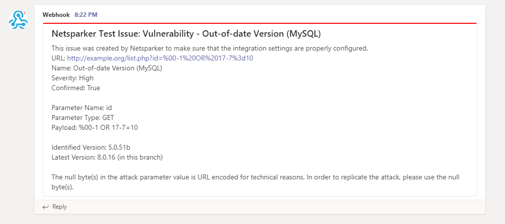 Microsoft Teams channel displaying vulnerability notification message card from Invicti Standard