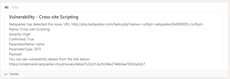 Example of Microsoft Teams notification from Invicti