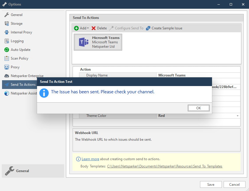 Microsoft Teams test connection dialog showing Create Sample Issue confirmation and results