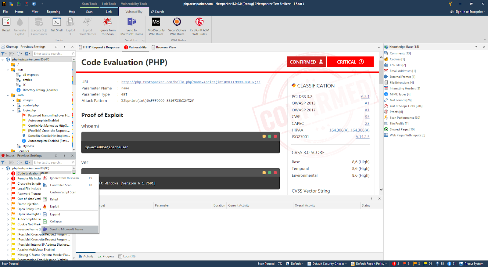 Invicti Standard Issues panel showing right-click context menu with Send to Microsoft Teams option