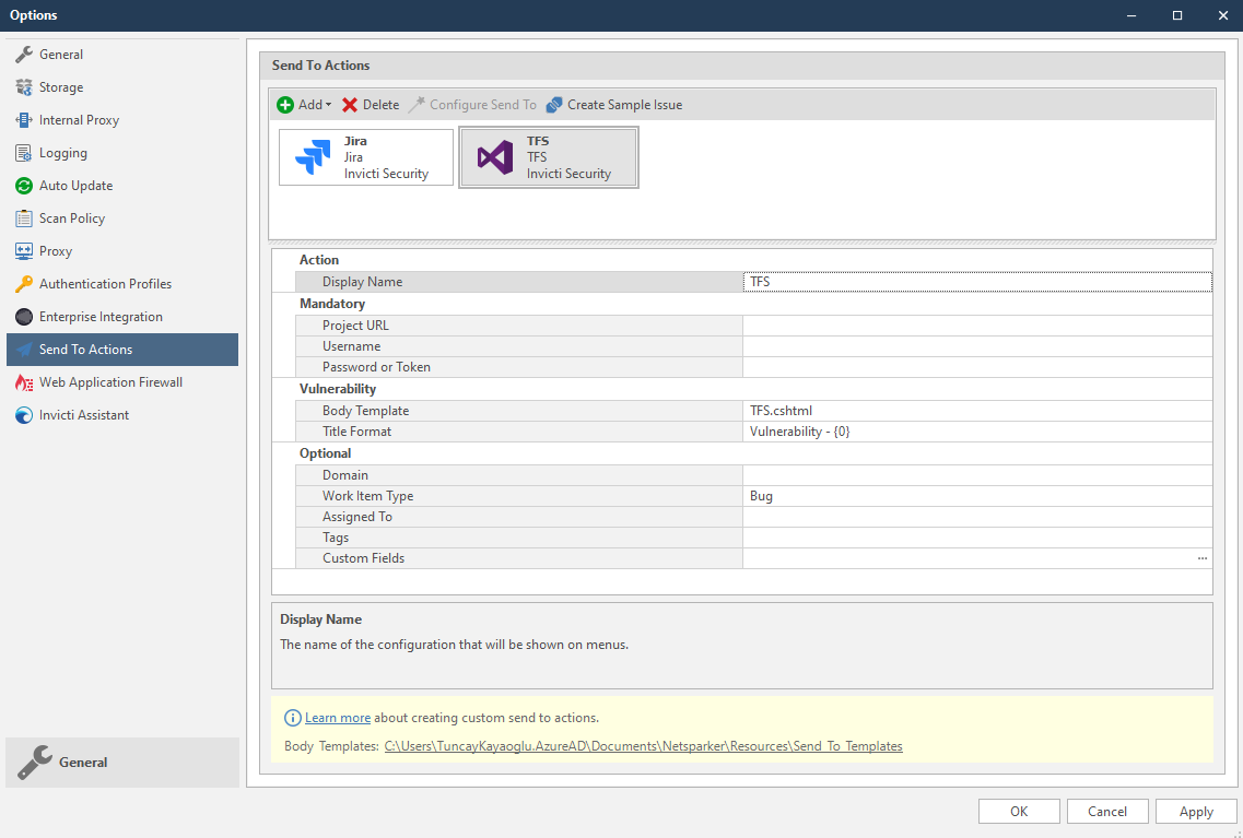 TFS integration configuration form showing mandatory and optional fields for setup