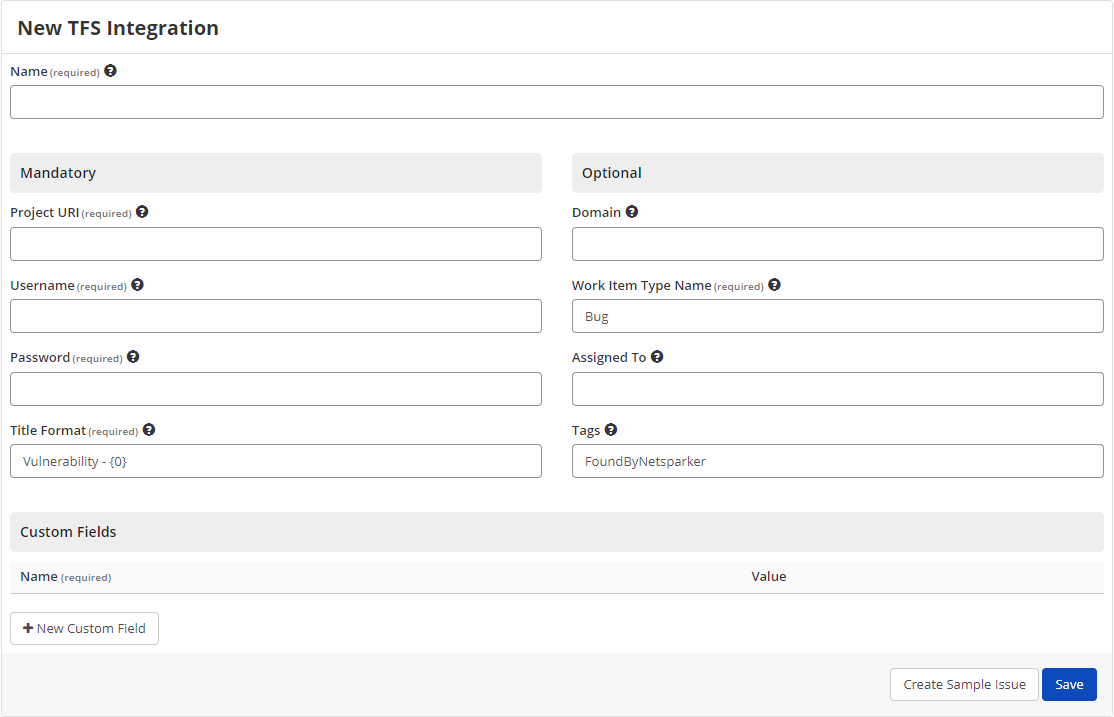 TFS integration selection in Issue Tracking Systems section showing TFS option