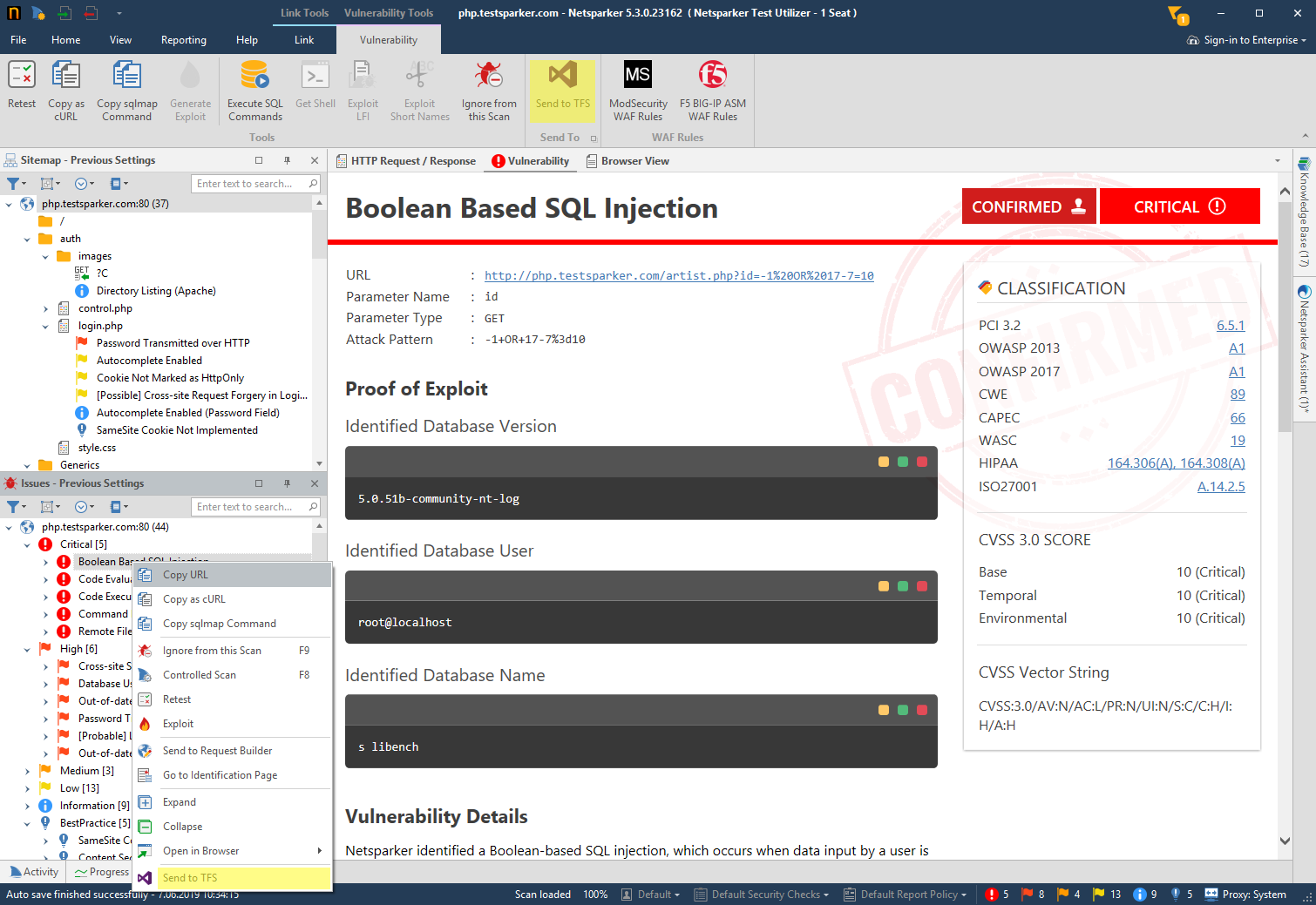 Invicti Standard scan results view showing vulnerabilities ready for export to TFS