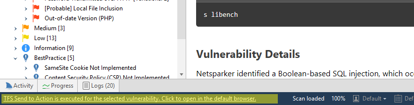 Invicti Standard scan results view showing vulnerabilities ready for export to TFS