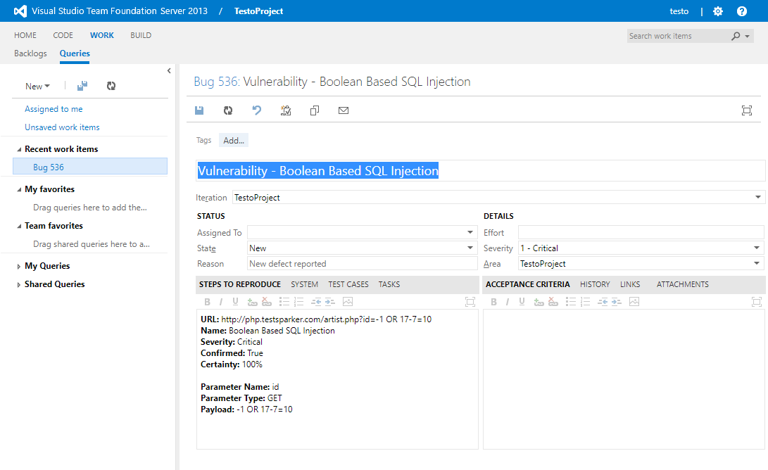 Invicti Standard scan results view showing vulnerabilities ready for export to TFS