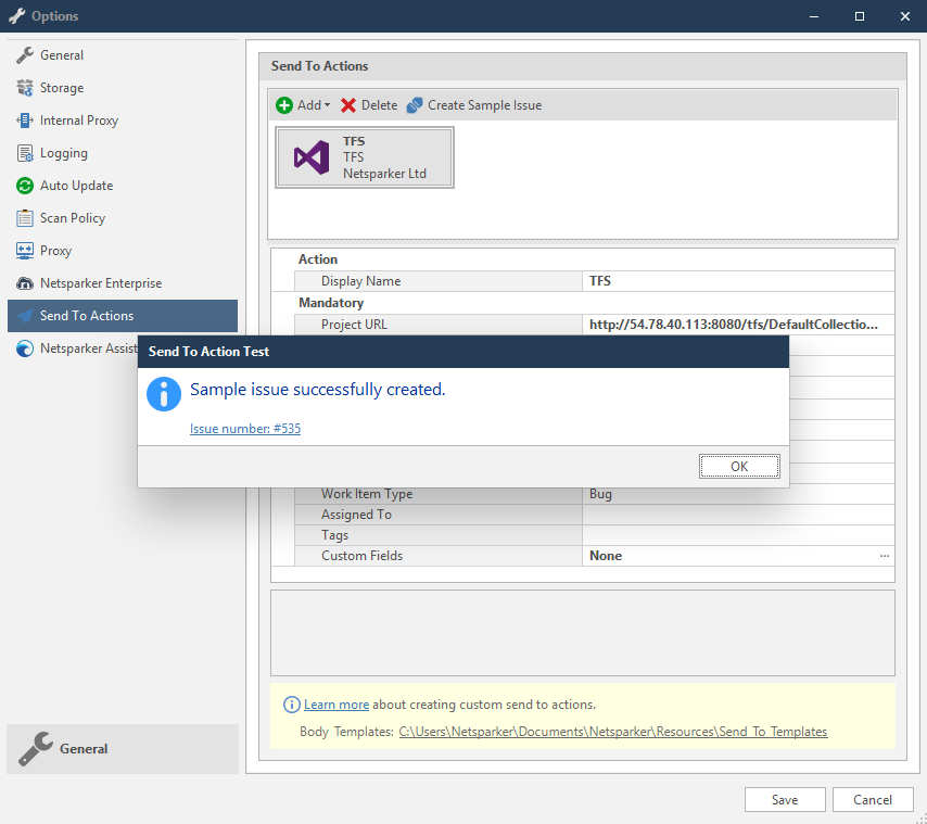 TFS test connection dialog showing Create Sample Issue confirmation and results
