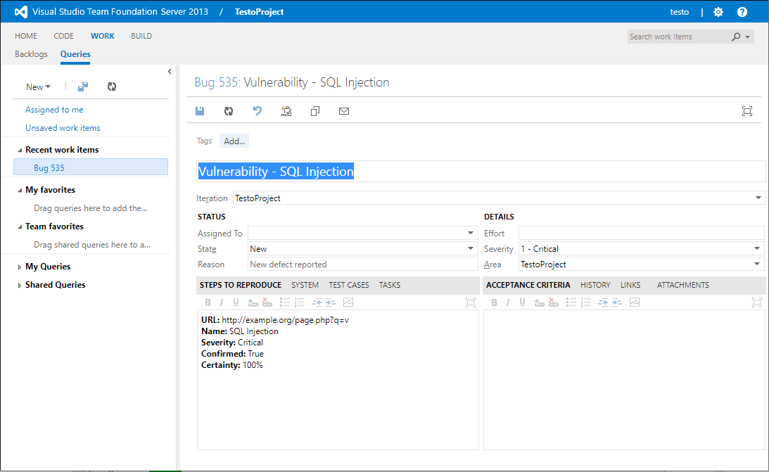 TFS test connection dialog showing Create Sample Issue confirmation and results