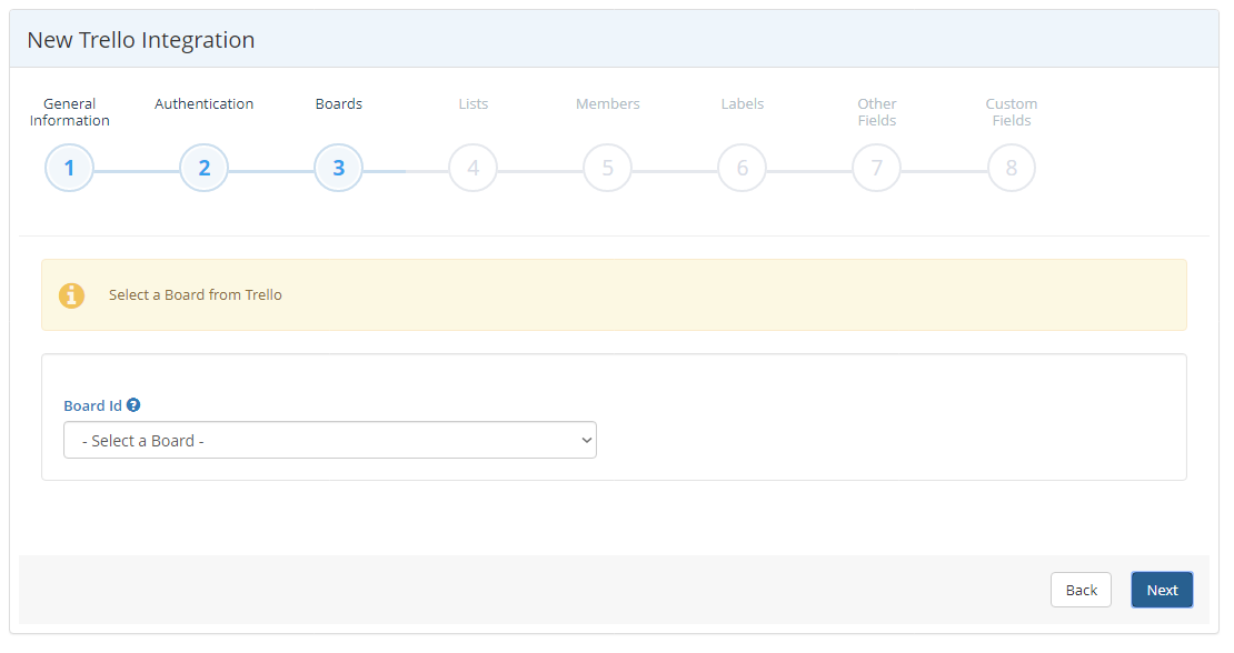 Trello integration wizard Boards step showing Board Id dropdown selection