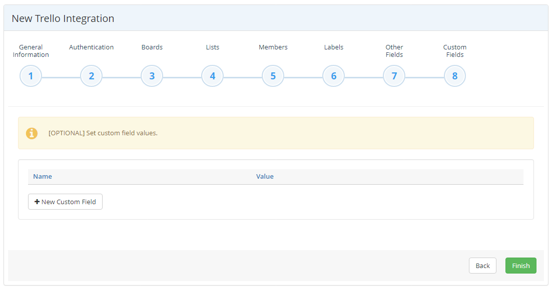 Trello integration wizard Custom Fields step showing New Custom Field options and configuration