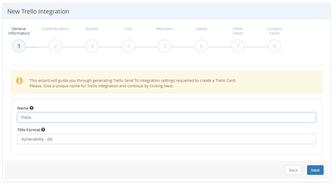 Trello integration wizard General Information step showing name and title format fields