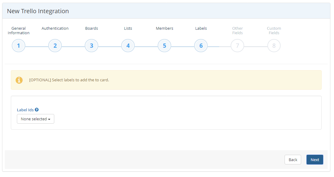 Trello integration wizard Labels step showing Labels Ids dropdown selection for card labeling