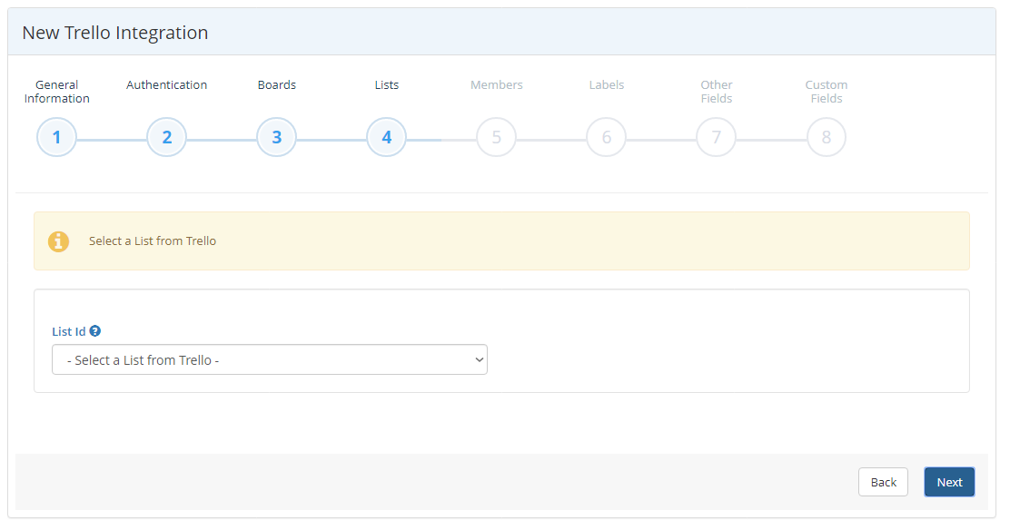 Trello integration wizard Lists step showing List Id dropdown selection