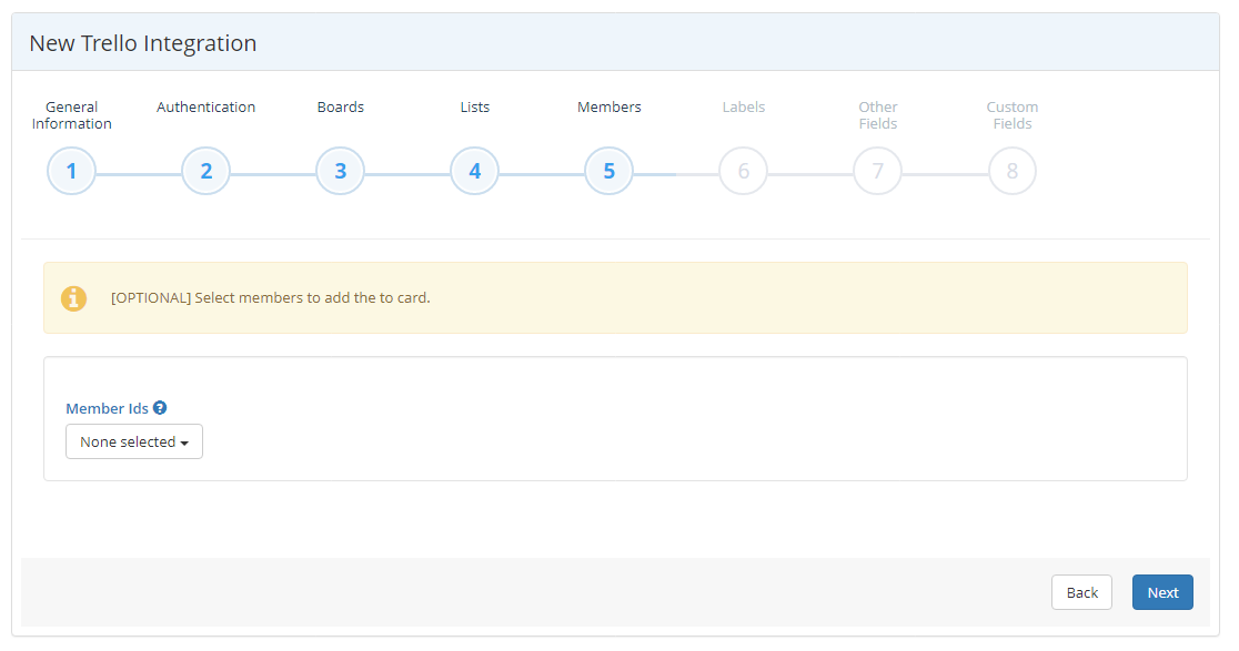 Trello integration wizard Members step showing Member Ids dropdown selection for card assignment