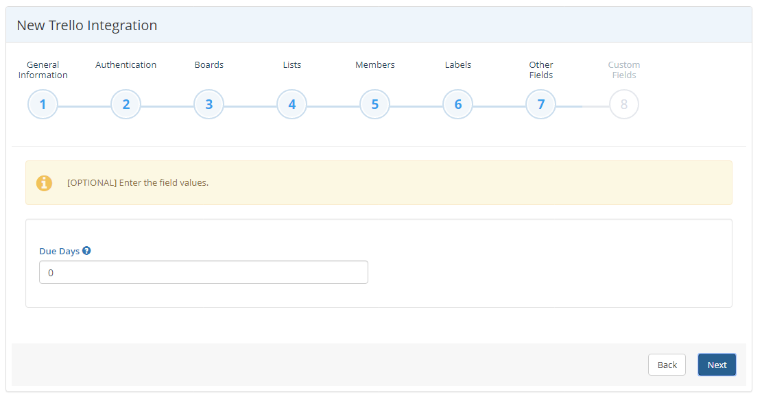 Trello integration wizard Other Fields step showing Due Days configuration options