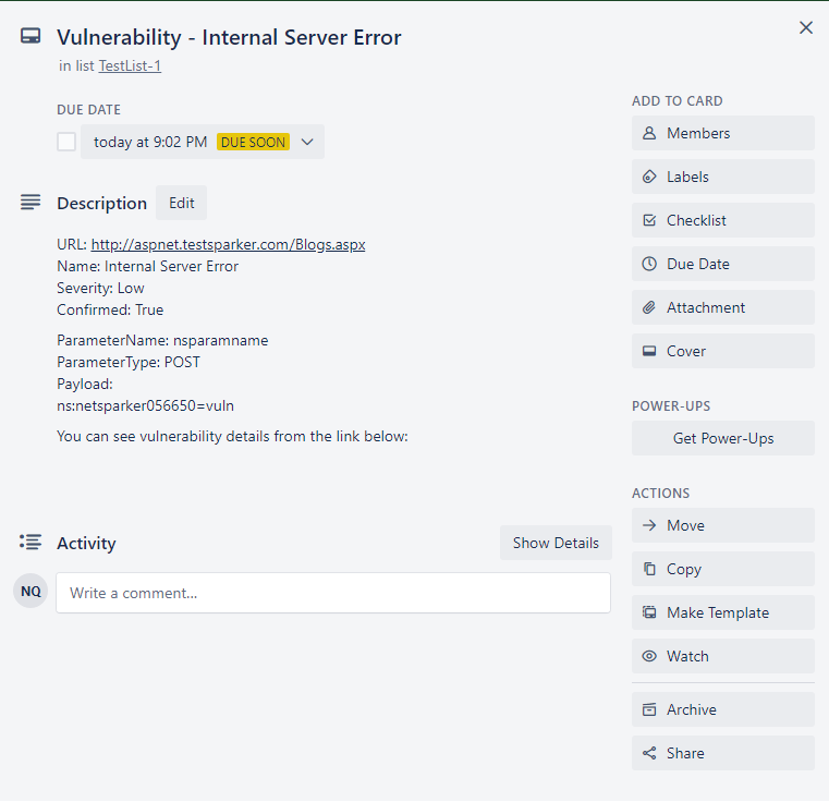 Trello vulnerability export popup showing successful submission with card link