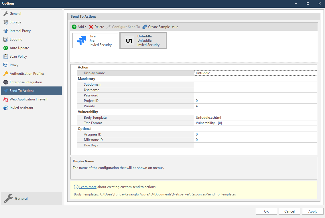 Unfuddle integration configuration form showing mandatory and optional fields for setup